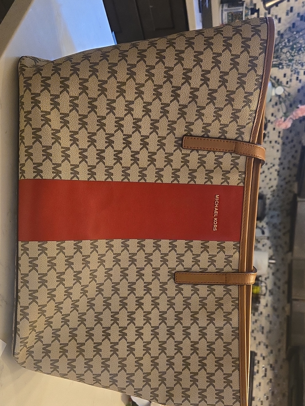 Michael Kors Tan Monogram Tote with Red Center Stripe
